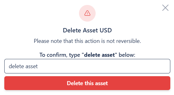 A screenshot of the Rafiki Admin app user interface displaying the "Delete Asset" modal window.
