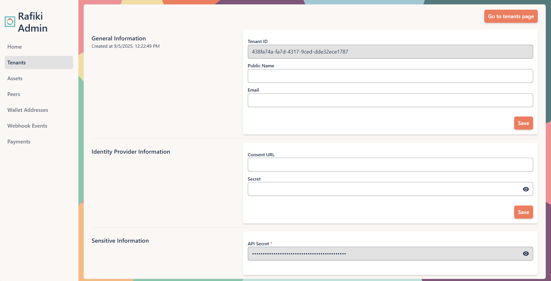 A screenshot of the Rafiki Admin application user interface displaying the "Edit Tenant" section. It shows several text fields configured for an existing tenant. This page is used to view and edit tenant details.